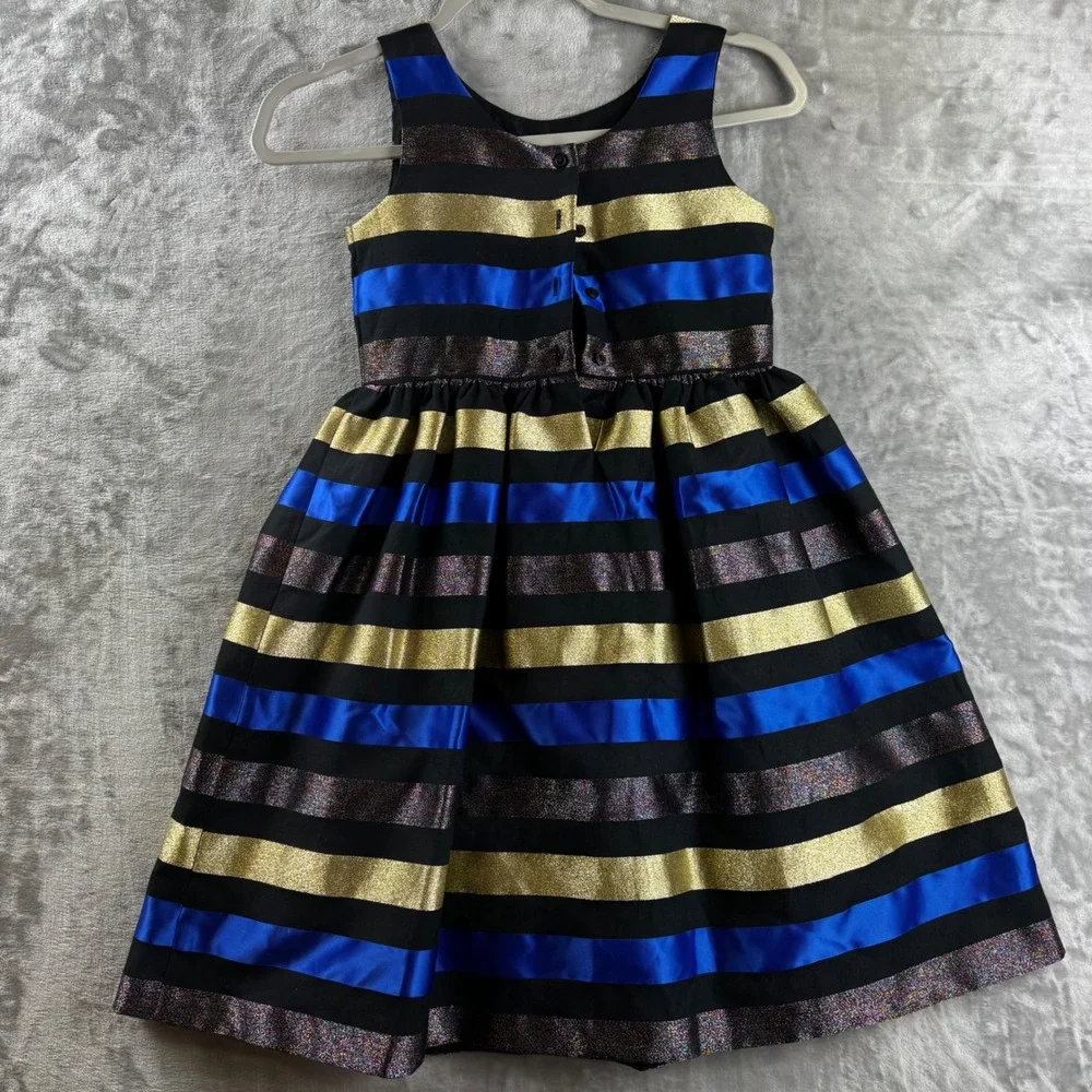 Gymboree Dressed Up Dress Girls‎ 8 Blue Gold Metallic Striped Party (1714)